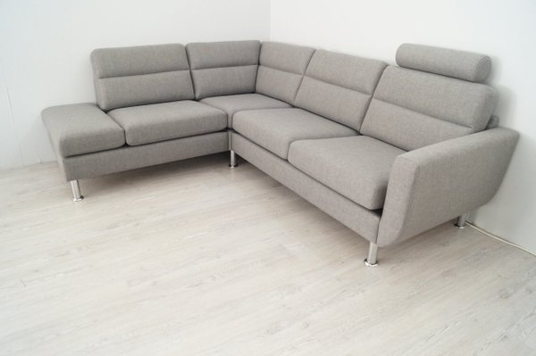 Wohnlandschaft  Sofa Couch Webstoff Grau Links inkl. Kopfstütze