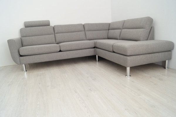 Wohnlandschaft  Sofa Couch Webstoff Grau Rechts inkl. einerKopfstütze