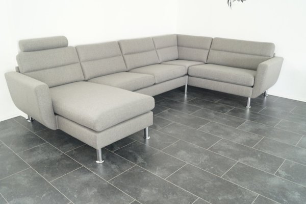 U Wohnlandschaft  Sofa Couch Webstoff Grau inkl. einer Kopfstütze