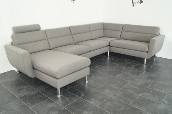 U Wohnlandschaft  Sofa Couch Webstoff Grau inkl. einer Kopfstütze