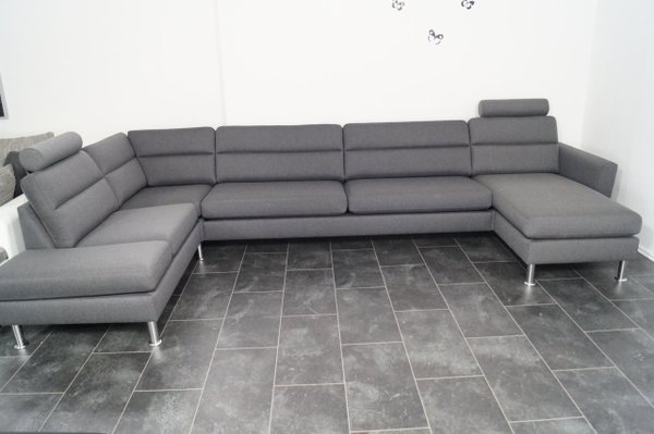 U Wohnlandschaft  Sofa Couch Webstoff Grau Links inkl. Zwei Kopfstütze
