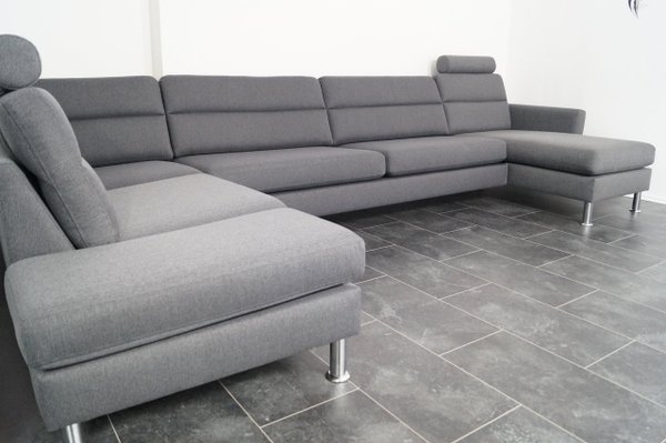 U Wohnlandschaft  Sofa Couch Webstoff Grau Links inkl. Zwei Kopfstütze
